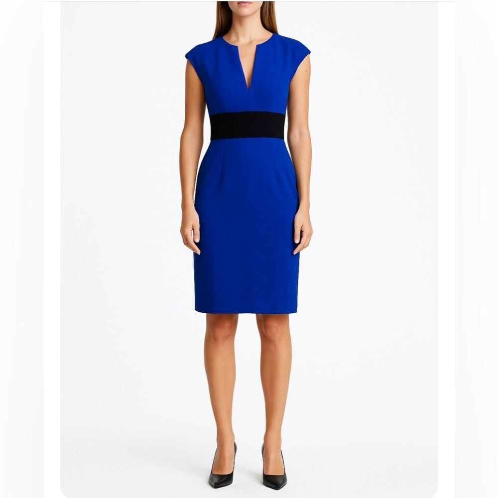 Trina Turk Sleeveless Sheath Dress in Royal Blue with Black Waistband Size 4